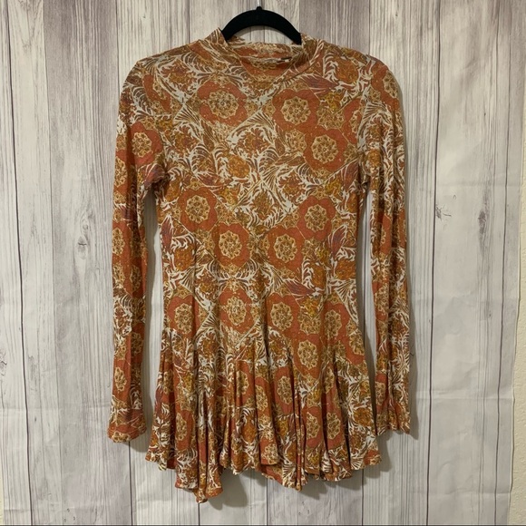 Free People Fall Orange Floral Patterned Tunic Top - Picture 1 of 8
